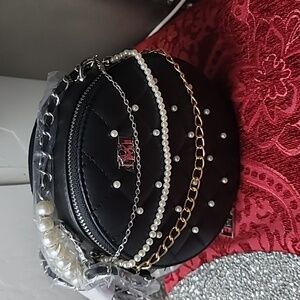 Badgley Mischka Black Quilted Round  Purse with Pearl Details
